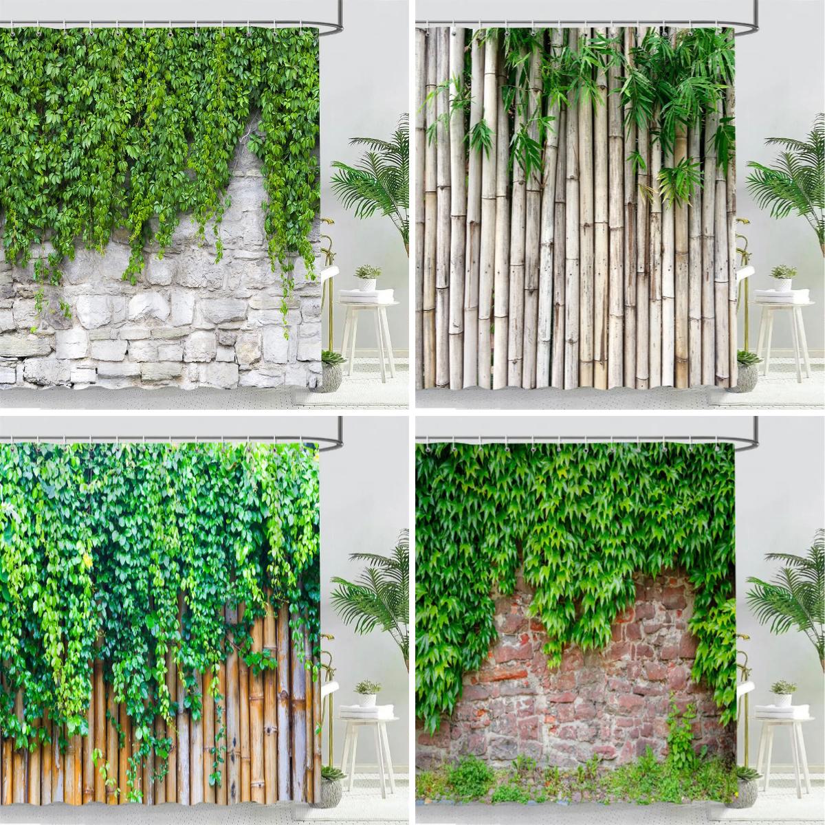 Monika Chen Green Vine Leaves Shower Curtain Vintage Wall Ivy Leaf Garden Plant Bath Curtains Set Polyester Fabric Bathroom Decor With Hooks