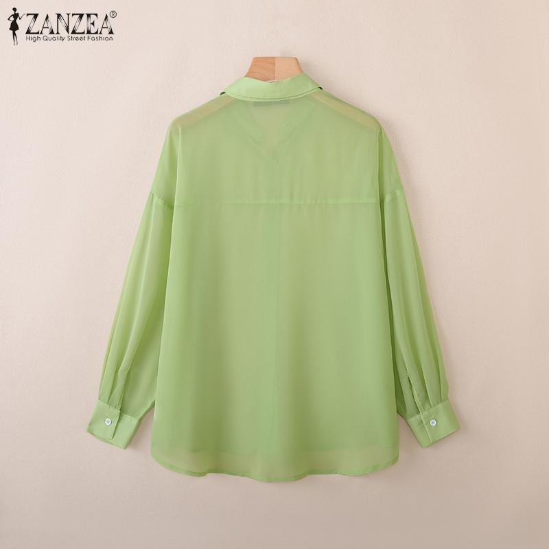 ZANZEA Women Casual Turn Down Collar Long Sleeve Perspective Cover Up Blouse