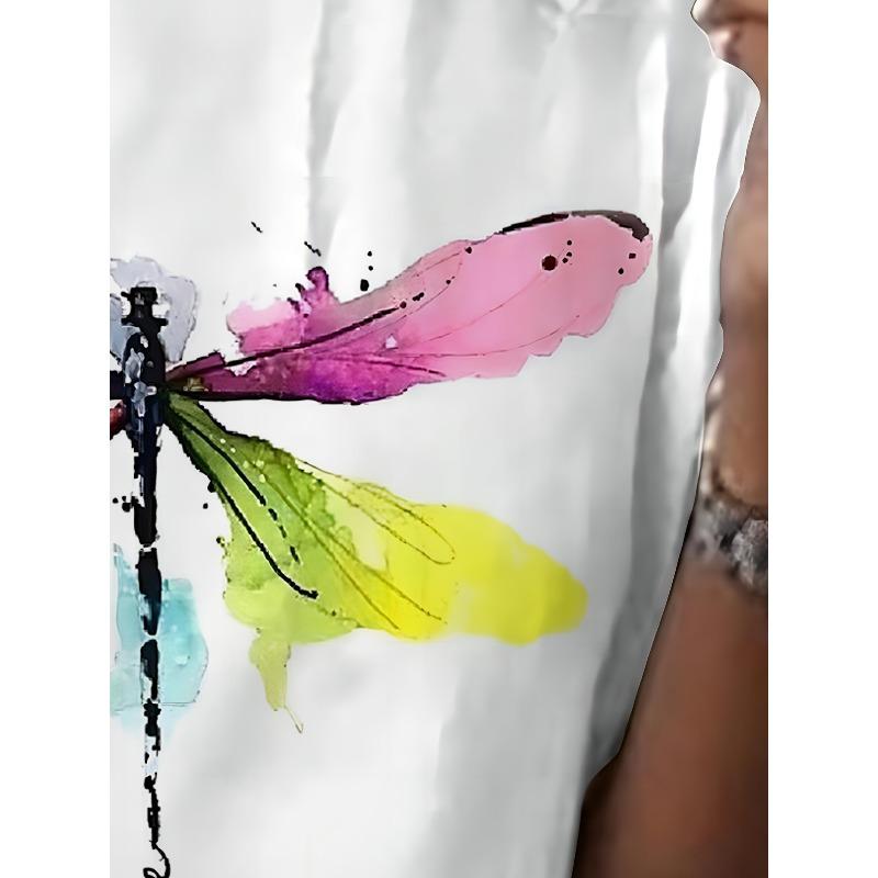 European Size Casual T-Shirt with a New Design, Featuring a 3D Dragonfly Art Print And Letters, Short Sleeves, And a Round Neckline for Women