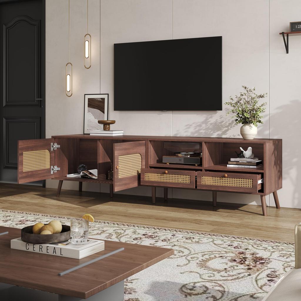 TV Ständer, Lowboard TV Board 2 2 Schublade, Offene Staufächer, TV-Schrank Landhausstil Sideboard, Wohnzimmer Esszimmer, 200cm, Braun