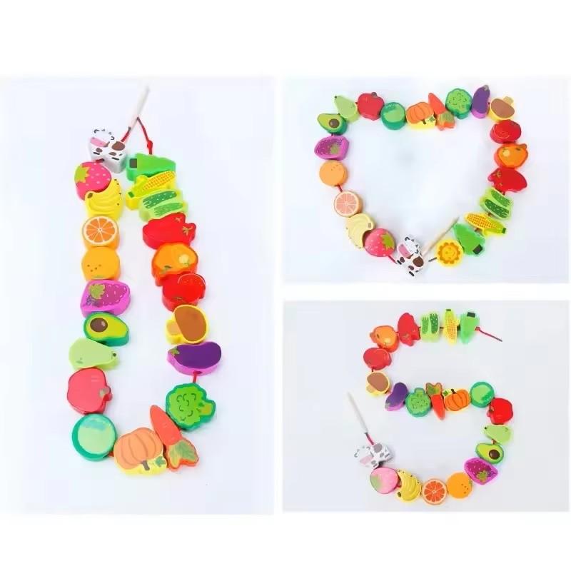 

Monterssori Baby DIY Wooden Toys Cartoon Fruit Animal Stringing Threading Wooden Beads Educational Toys for Kids Christmas Gift