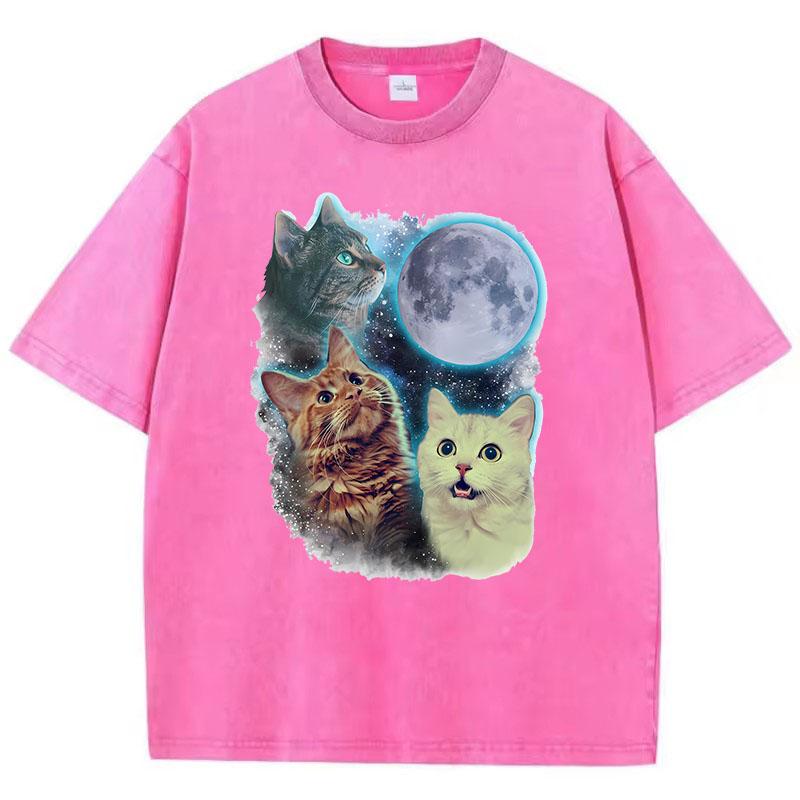 Funny T Shirt Vintage Washed Cotton T-Shirt Cat Moon Star Graphic Tee Casual Streetwear Spring Summer Top