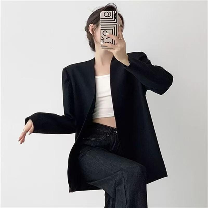 

Осень Зима Элегантная Мода Однотонный Блейзер Женский С Длинным Рукавом Повседневный Универсальный Костюм Кардиган Пальто Топ S чёрный