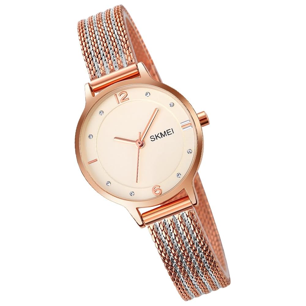 SKMEI Women s Simple Ultra-Thin Quartz Watch Waterproof Stainless Steel Mesh Rose Gold White
