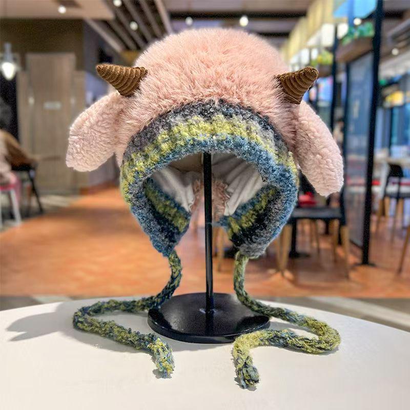 

Cozy Double-Layer Plus Velvet Beanie with Cute Lamb Ears – Korean Parent-Child Style Knitted Wool Hat for Women, Autumn/Winter One Size