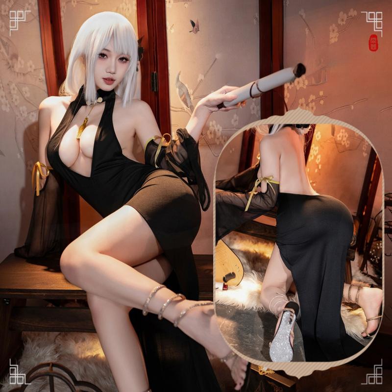 Sexy Deep V Halter Cheongsam Style Lingerie Dress with Sheer Sleeves and Backless Design Erotic Roleplay Outfit for Women