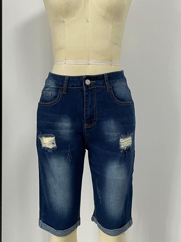 Cross-Border Elastic Ripped Jeans