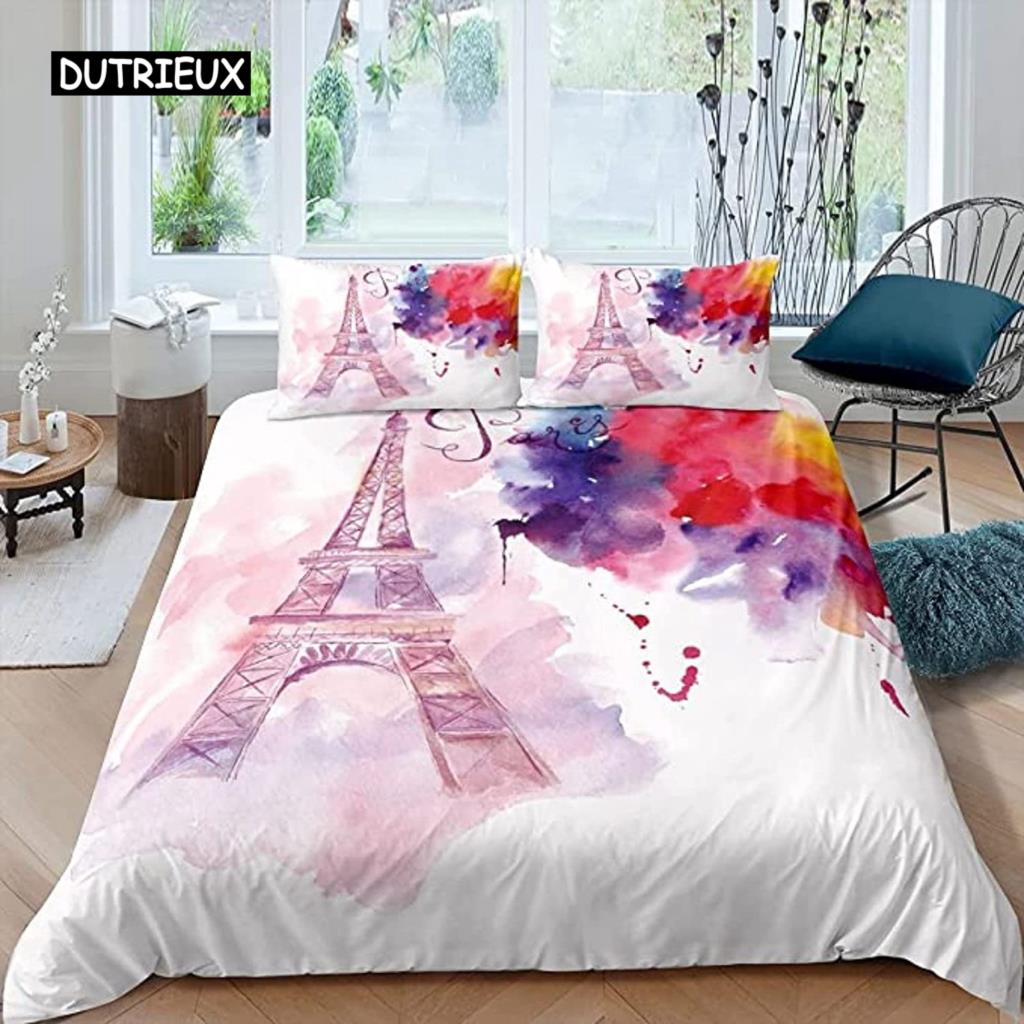 Paris Duvet Cover Set Polyester Paris Theme White Pink Stripe World-Famous Architecture Creativity Double Queen King Quilt Cover