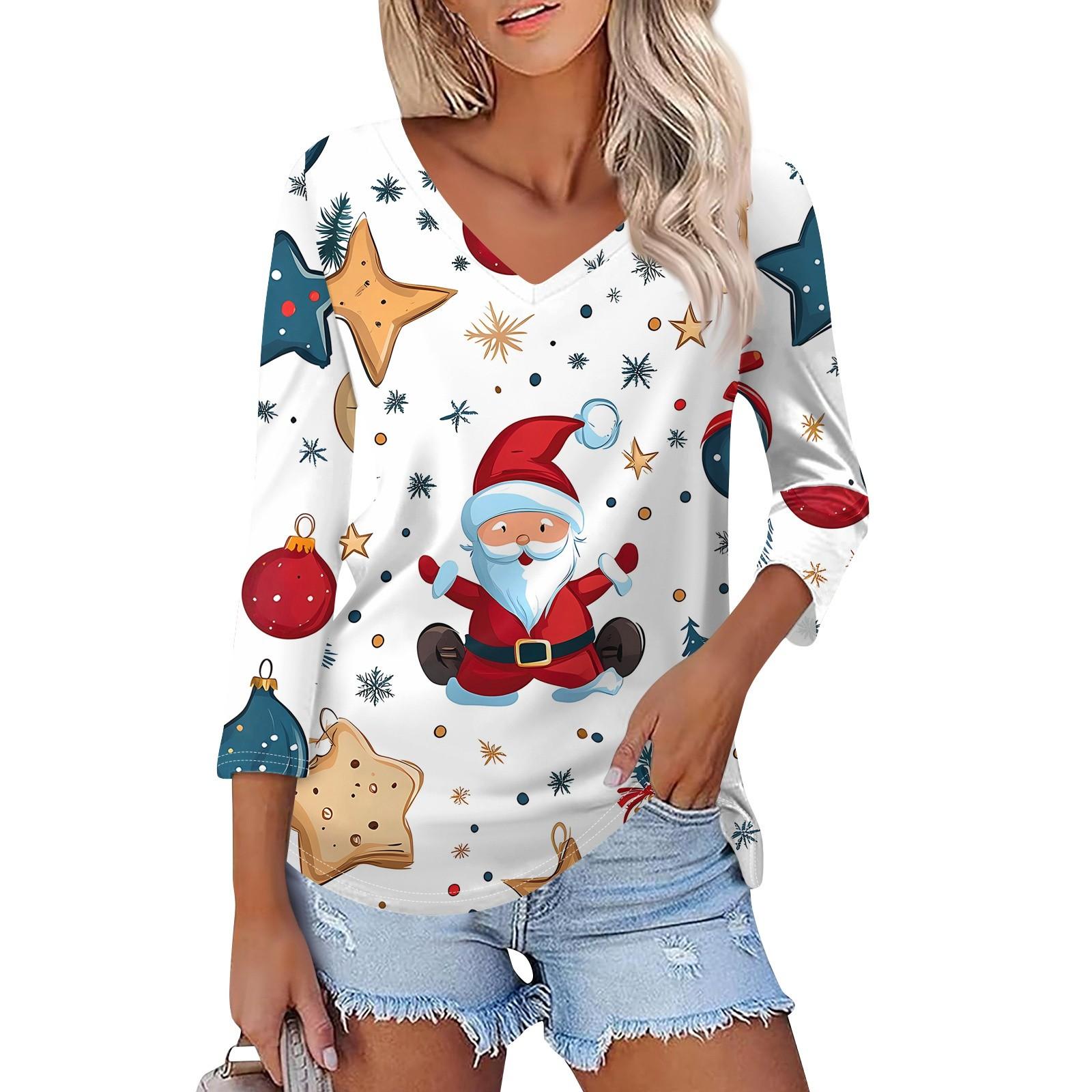 

Рубашка для женщин, модная, повседневная, с V-образным вырезом, рукавом 3/4, свободная, с рождественским принтом, женская футболка, топ S белый