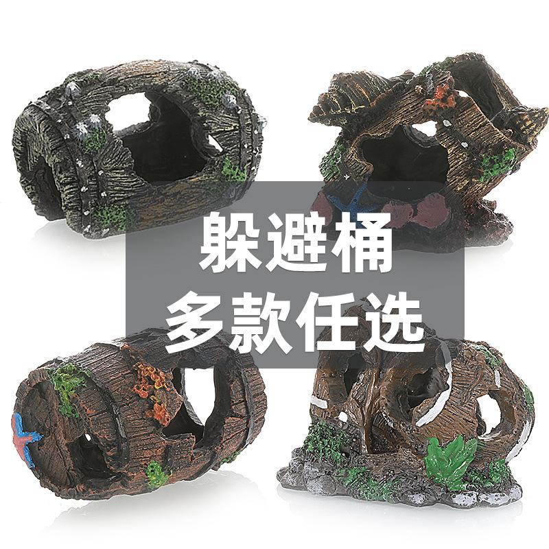 Wooden Barrel Wreckage Fish Tank Ornament - Resin Aquarium Landscape Decoration