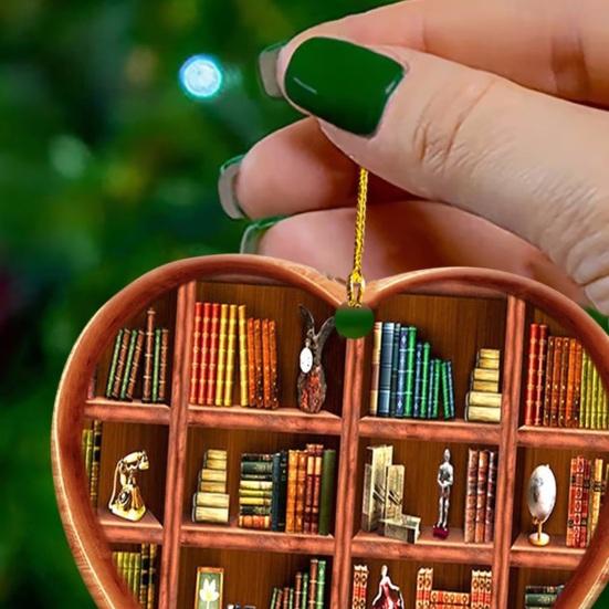 Heart Shaped Christmas Ornament Acrylic Bookshelf Xmas Tree Hanging Decorations 2D Flat Printed Book Gifts for Book Lovers