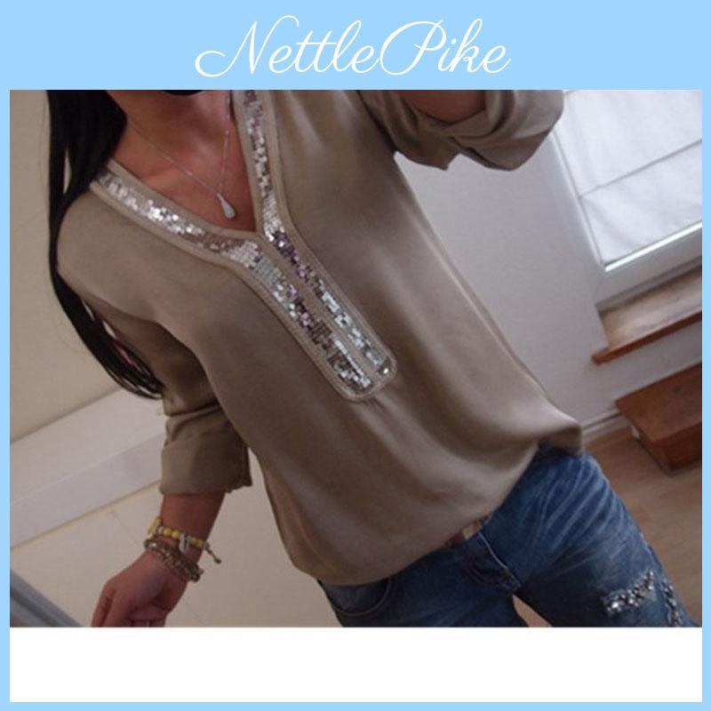 Timeless Womens Casual T Shirt With Sequins V-neck And Long Sleeves In Plus Size