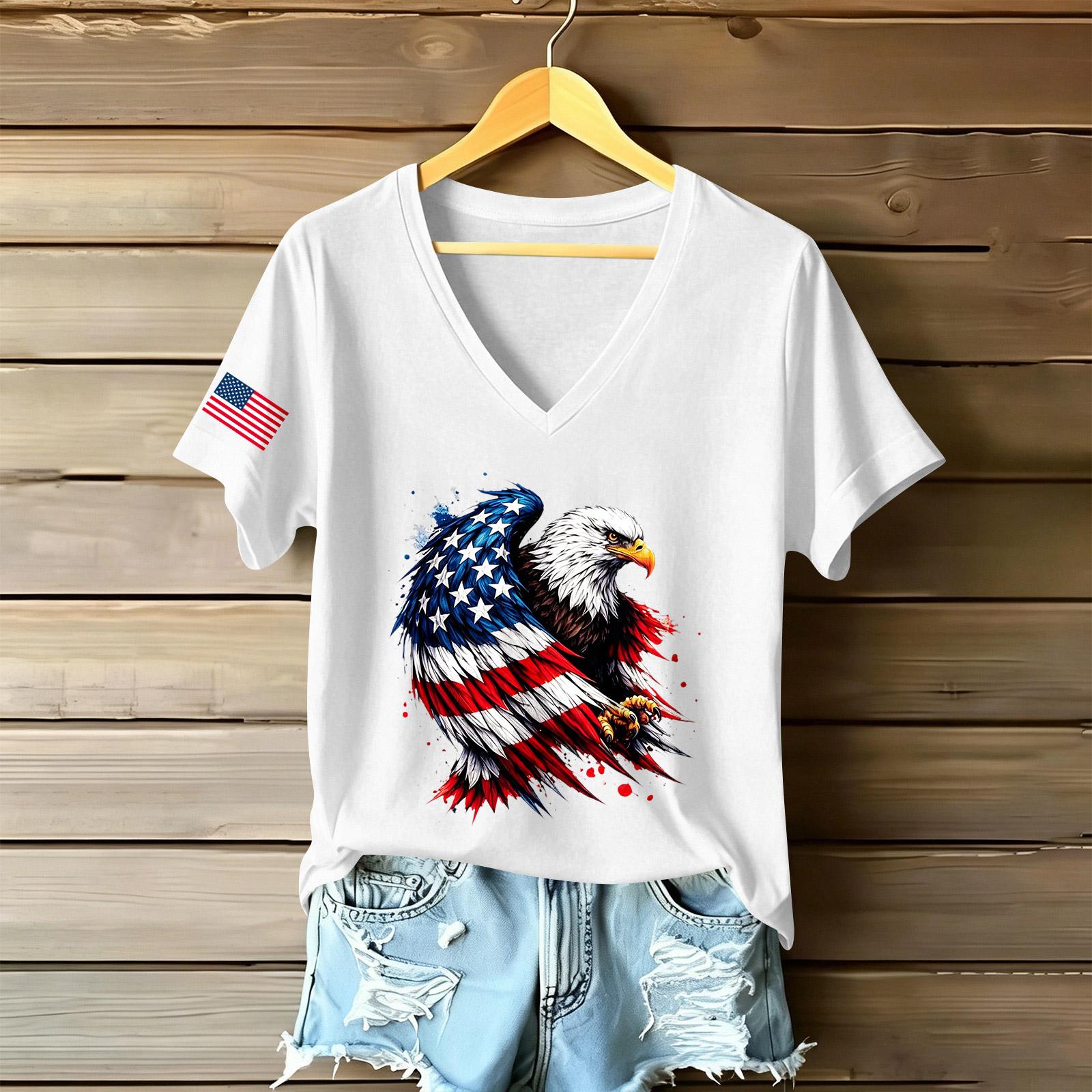 

Women s V Neck Casual Short Sleeve T Shirt with American Flag Eagle Print Graphic Design Lightweight Top for Daily Wear XL білий