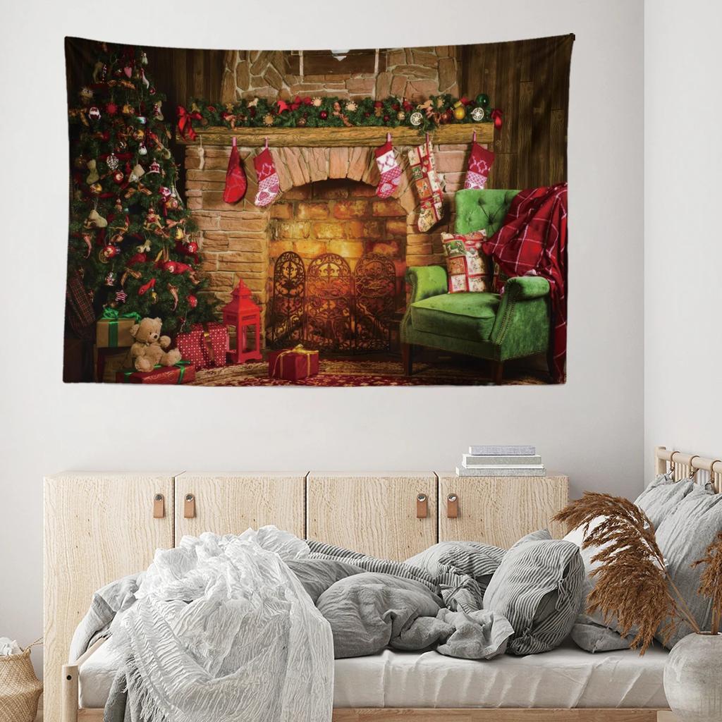 Christmas Fireplace Tapestry Wall Hanging Christmas Tapestry Backdrop with Xmas Balls Art Wall Decor Christmas New Year Party