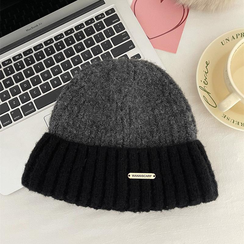 Women Autumn Winter  New Knitted Beanie Cap Korean Version Thickened Warm Color Matching Couple Student Fashion Wool Hat Men