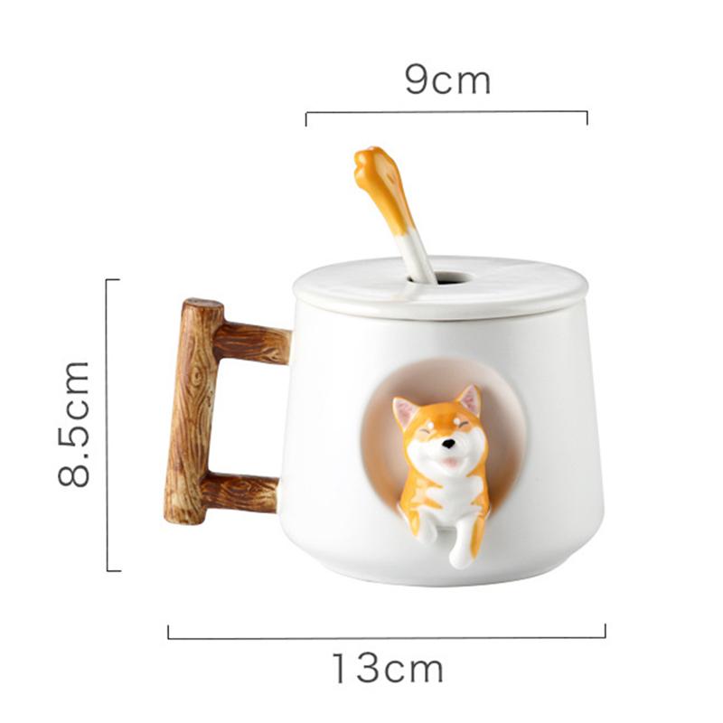 420ml Shiba Inu Pattern Ceramic Coffee Mug Cute 3D Design with Lid Spoon Cartoon Milk Tea Cup for Girls Creative Breakfast Gift