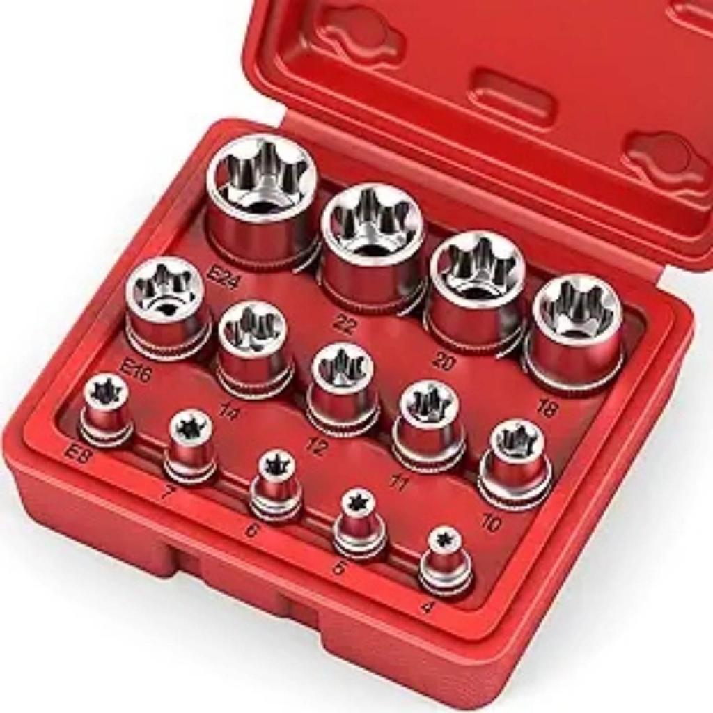 SEDY 14-Piece E-TORX Socket Set - Premium Female Torx Socket Set, Torque Star Sockets, External Torx Sockets, E4 E5 E6 E7 E8 0 1 2 4 6 8 E