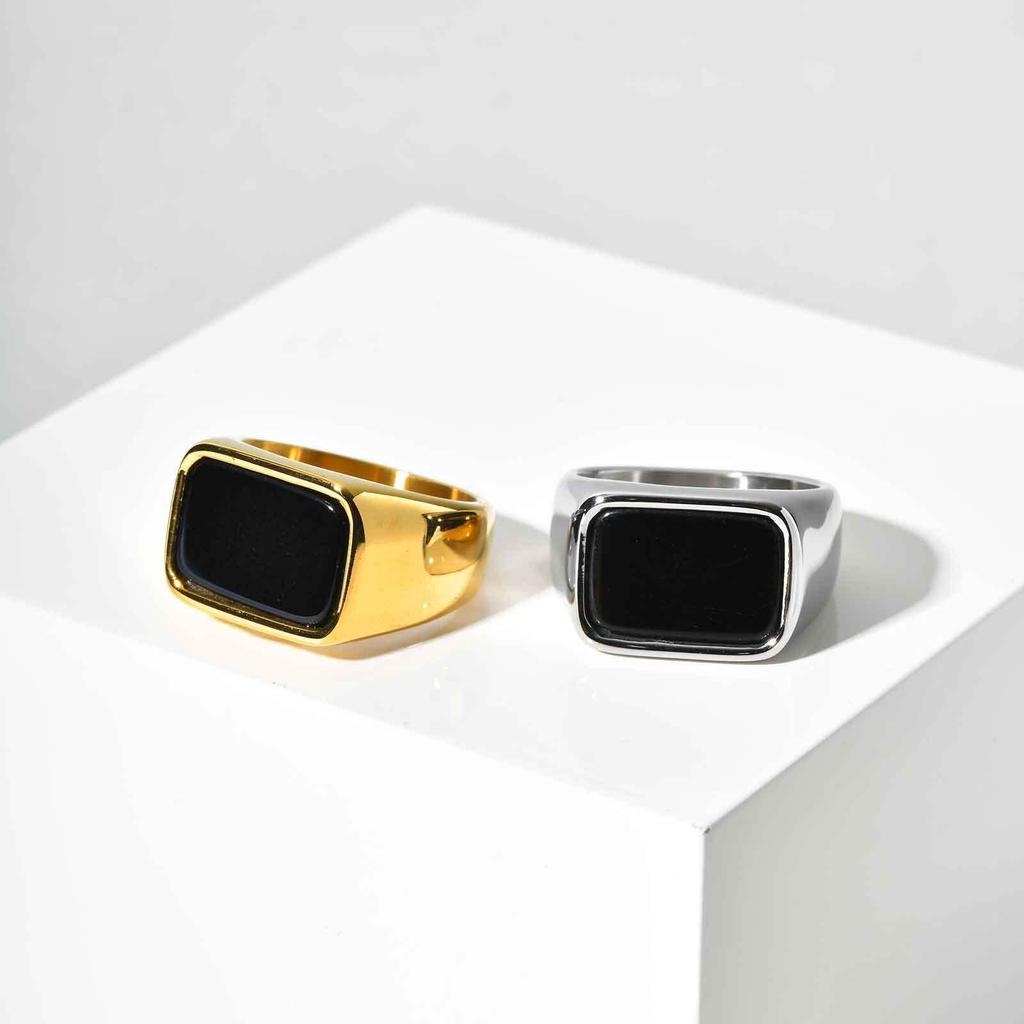 Men's Stainless Steel Gold Ring with Black Glass Stone and Geometric Design (RC-619)