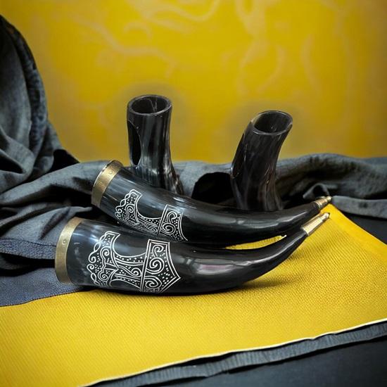 Set of 2 Viking Drinking Horn Natural Drinking Horn with Stand Polished Finish, Brass Trim Knob