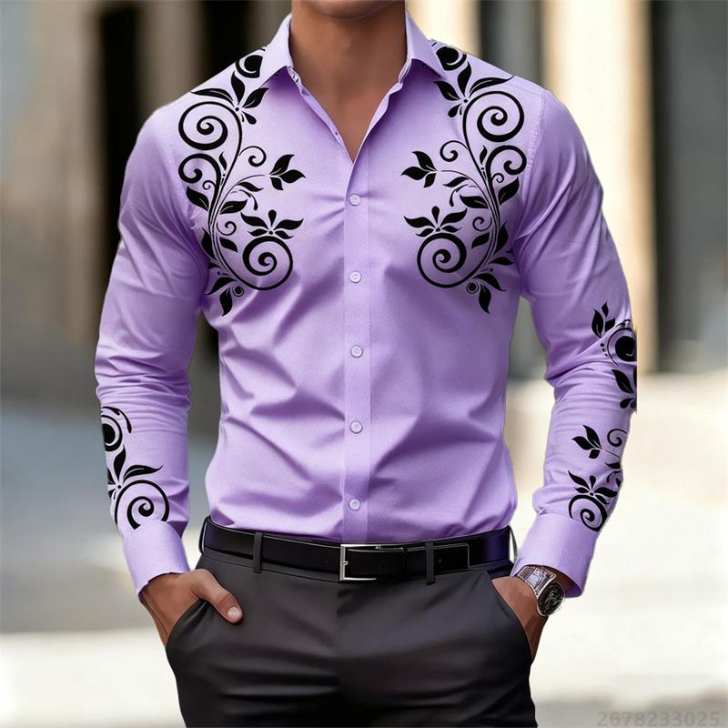Men's Retro Art Pattern Long Sleeve Shirt Fashion Slim Lapel Personalized Print Shirt Multiple Colors Optional Men's Tops