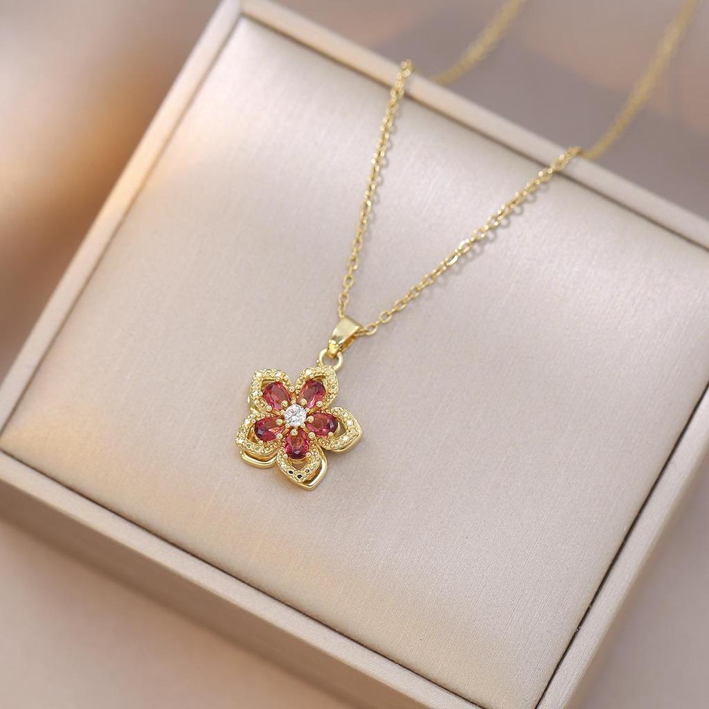 Purple Bauhinia Zirconia Flower 360° Rotatable Necklace for Women – European & American Style, New Five-Petal Design