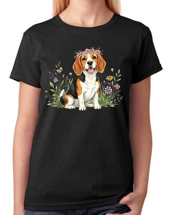 Beagle Floral Dog T-Shirt Cute Puppy Art Ladies Tee 2XL
