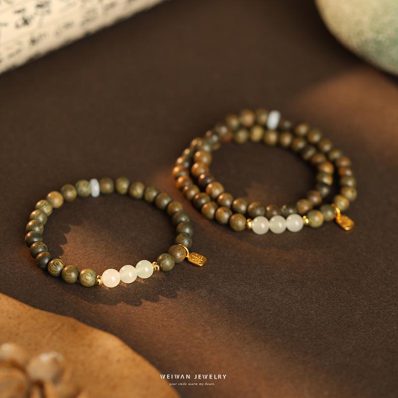 Tan Wangqing Natural Green Sandalwood & Hetian Jade Silver Bracelet - New Chinese Ancient Style Gift for Women
