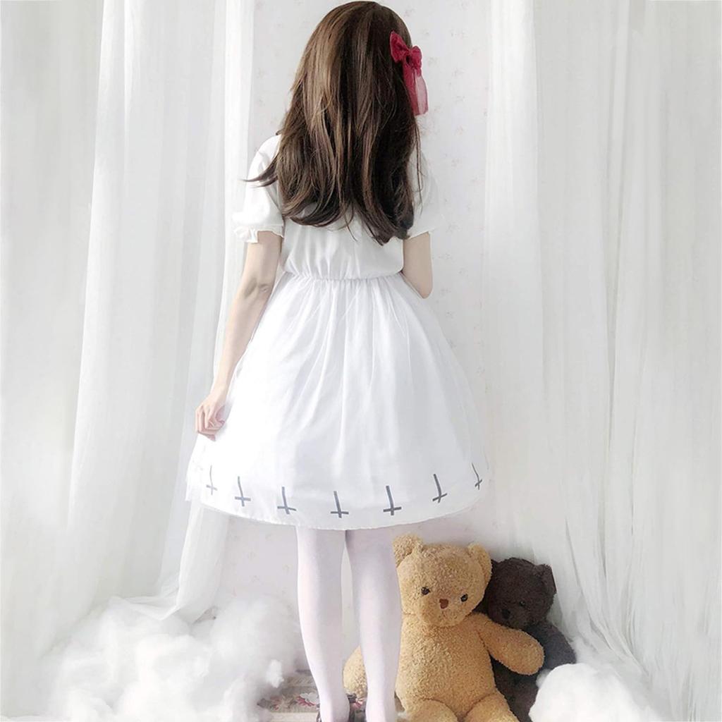 Milky Time Women's Dark Gothic Lolita Dress with Hexagram Design, Halloween Costume (White, Short Sleeves, Size M)