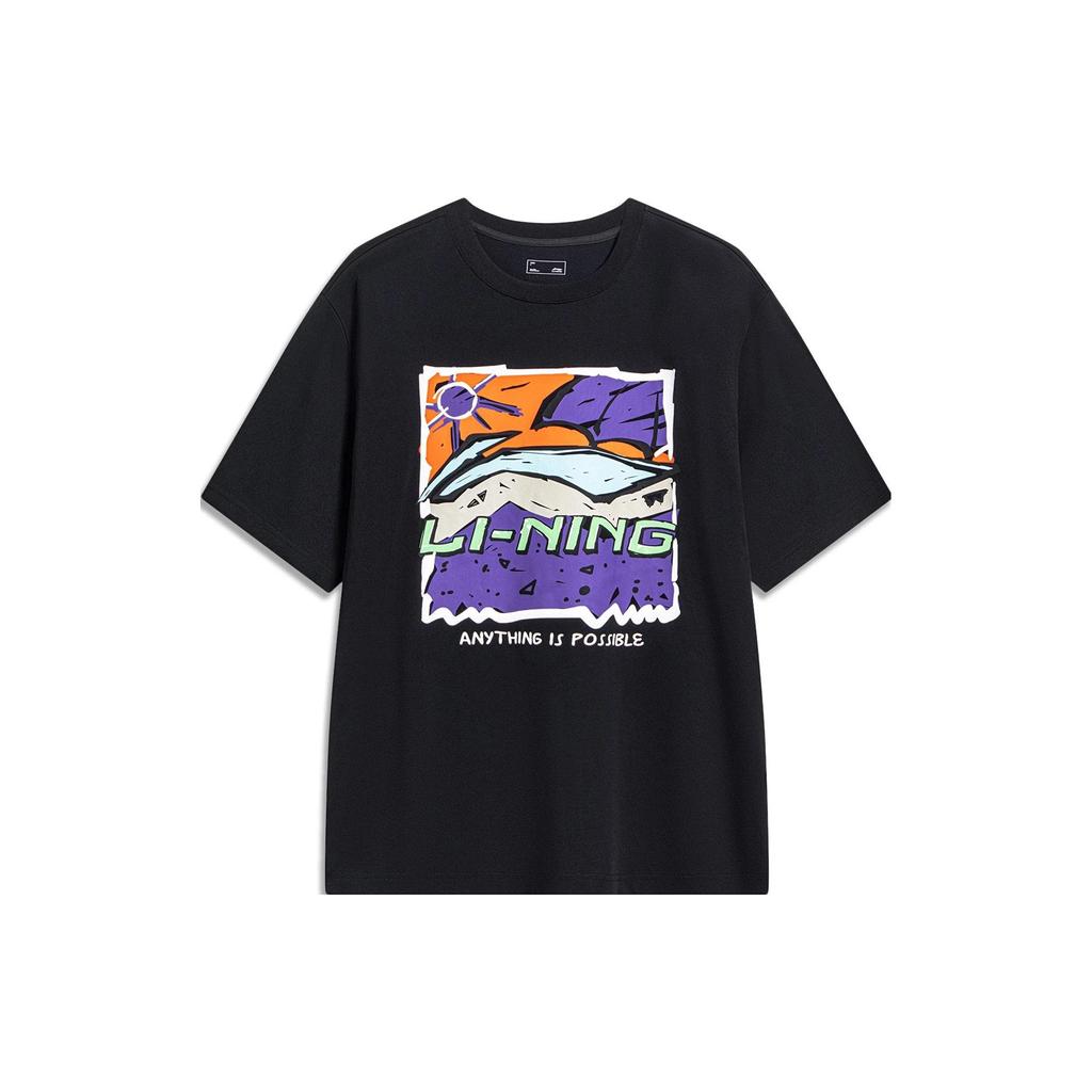 Li-Ning Cartoon Print Round Neck Short Sleeve Drop Shoulder T-Shirt Unisex Tops Black AHST543-2
