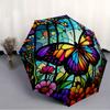 Stained Glass Butterfly and Flowers Patterned Umbrella with 8 Iron Ribs, Plastic Handle, Fashion Design, Windproof Portable Foldable Sunshad