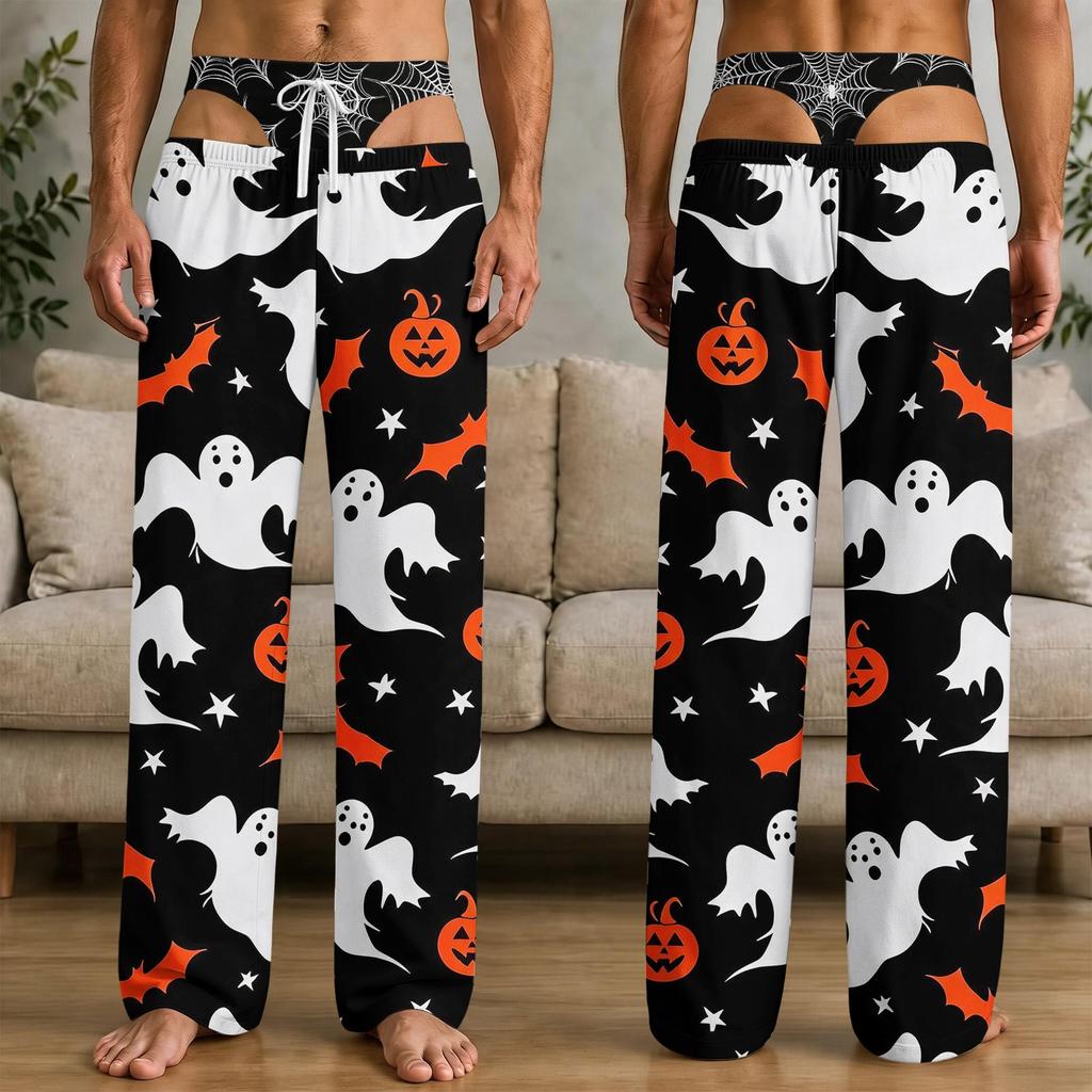 Men's Funny Halloween Print Knit Pants with Pockets, Casual Sleep Pajama Bottoms