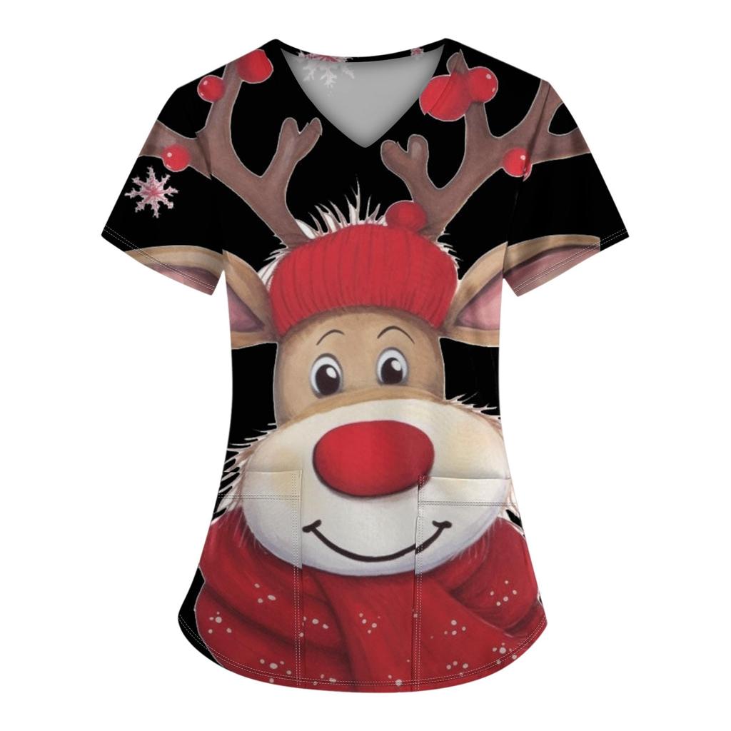 Women's Christmas Printed  Uniform Work Uniform V Neck Pocket Protective Uniform
