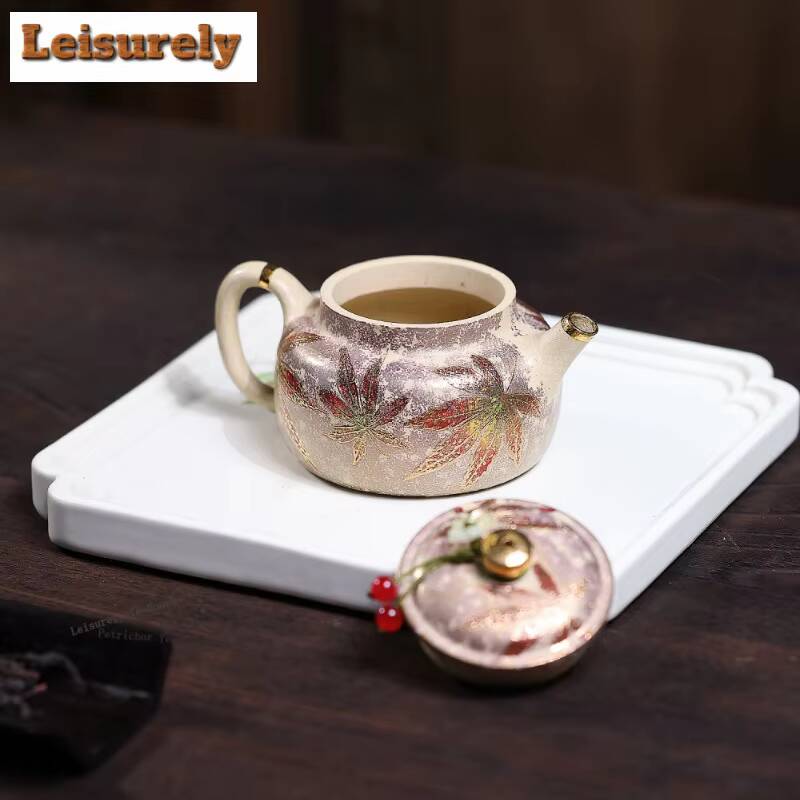 111ml Authentic Yixing Purple Clay Teapots Handmade Gold Drawing Pot Raw Ore Benshan Green Mud Kettle Zisha Teaset Decoration