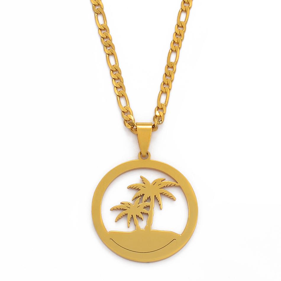 Anniyo Round Coconut Tree Pendant And Necklaces For Women Men Hawaii Guam Island Jewelry #078821