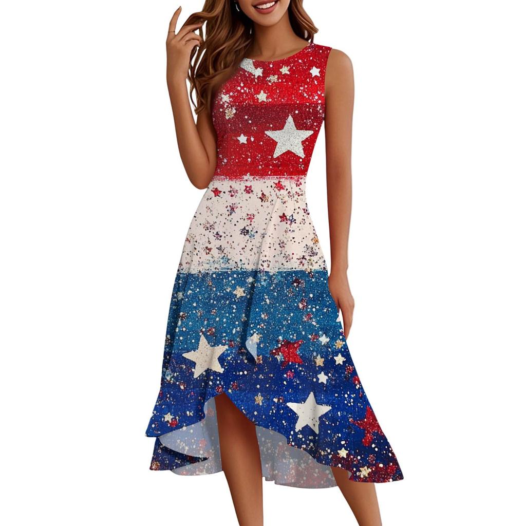 Women's Fashion Casual Zip Sleeveless Round Neck Independence Day Printed Elegant Temperament Ruffles Dress Dresses