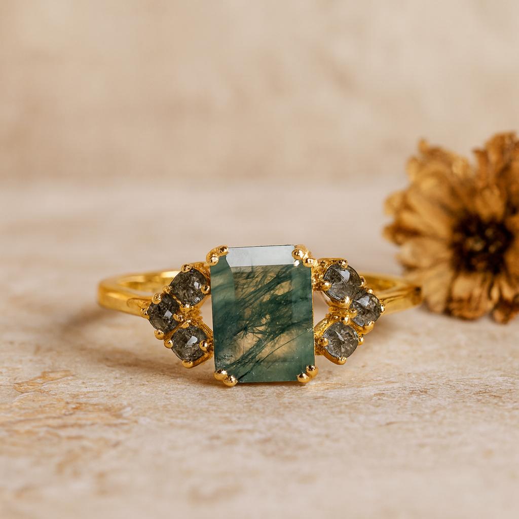 Emerald Cut Moss Agate Engagement Ring – Yellow Gold Plated Vintage Art Deco Gemstone Ring, Wedding Anniversary Promise Gift for Women