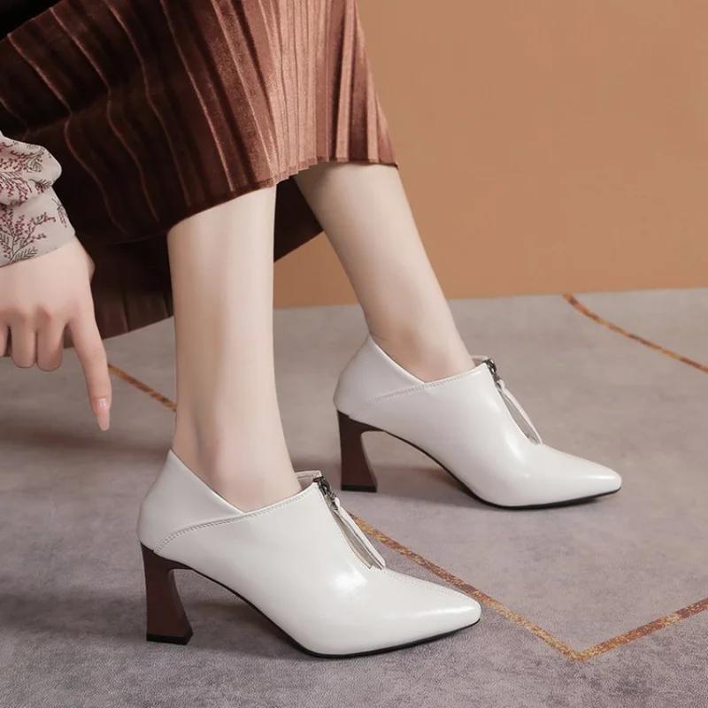 Fashion Women Pointed Toe High Heels Shoes Elegant Chunky Dress Shoes  Female Spring New Fashion Sandals  Design Office Zipper Pumps