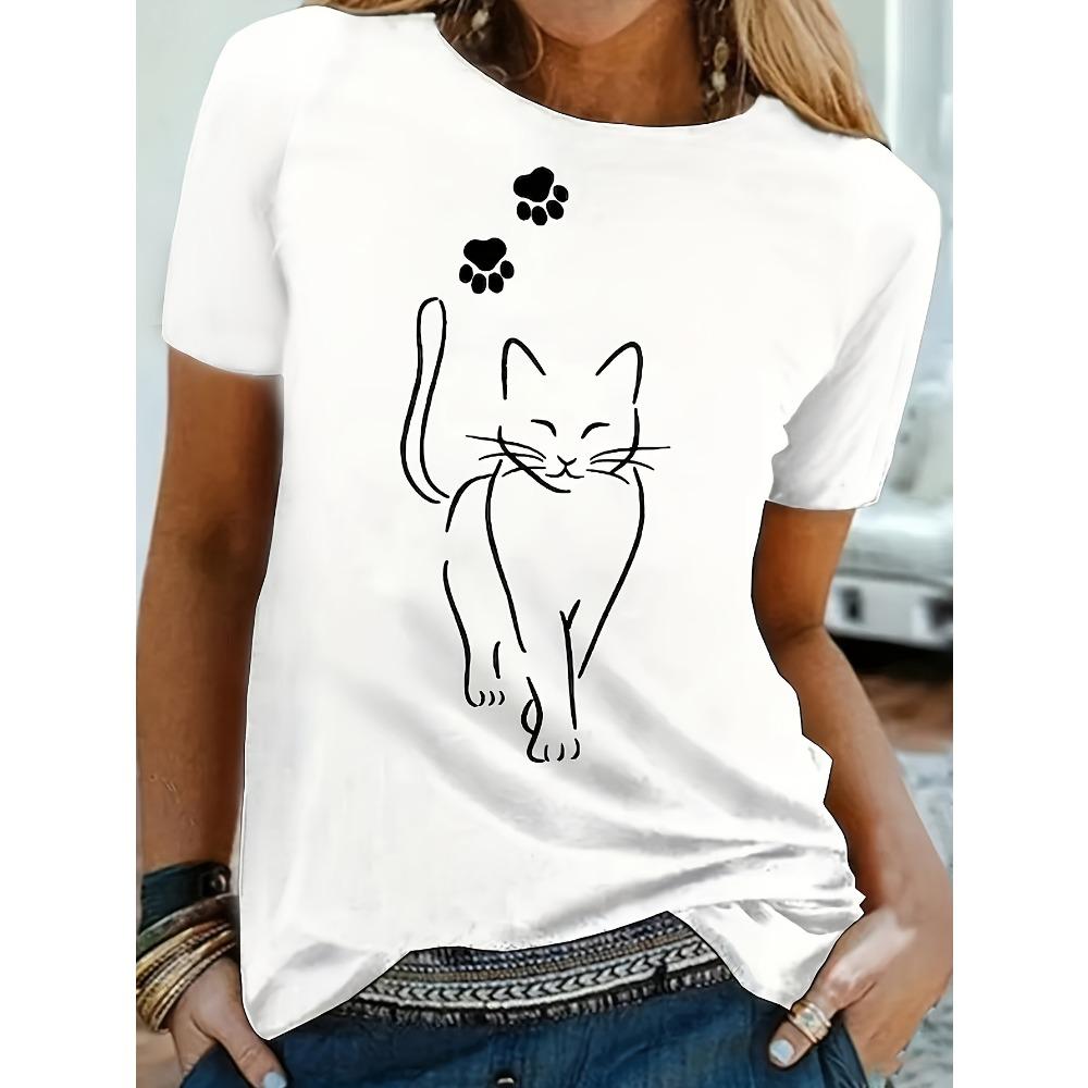 Cat Print T-shirt Short Sleeve Crew Neck Casual Top for Summer Spring Women's Clothing