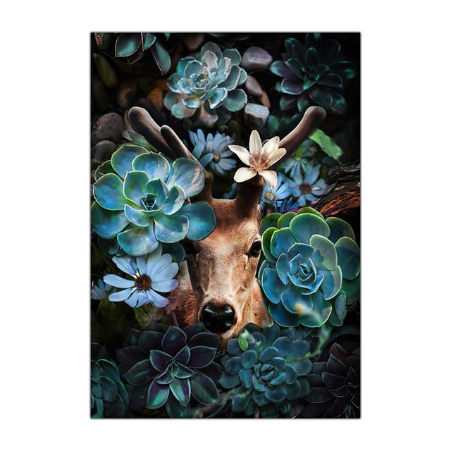 Flower with Animal Lion Tiger Deer Leopard Canvas Painting Wall Art Picture Nordic Print Poster for Living Room Home Decor No Frame