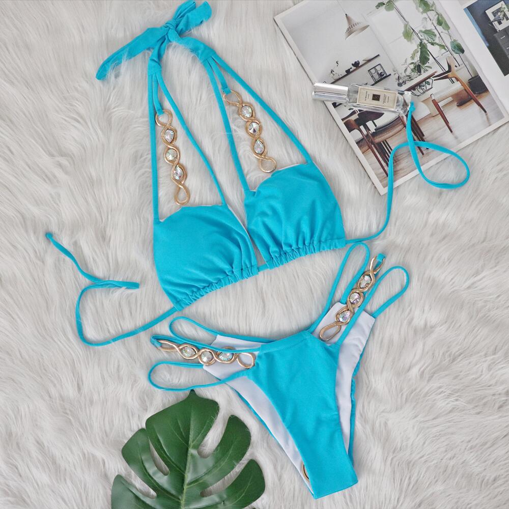 Bikini Crystal Diamond Swimsuit Bandage Cutout Split Swimsuit