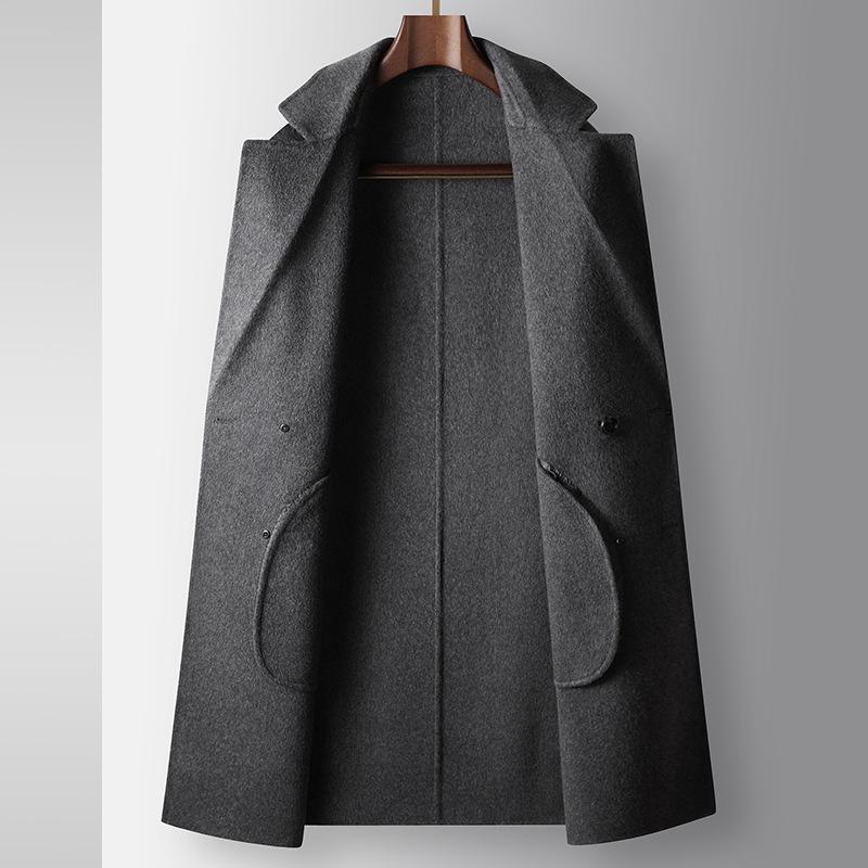 Men's Woolen Coat Autumn and Winter Medium and Long Double-breasted Youth Business Double-sided Trench Coat Solid Color Casual Coat Tide