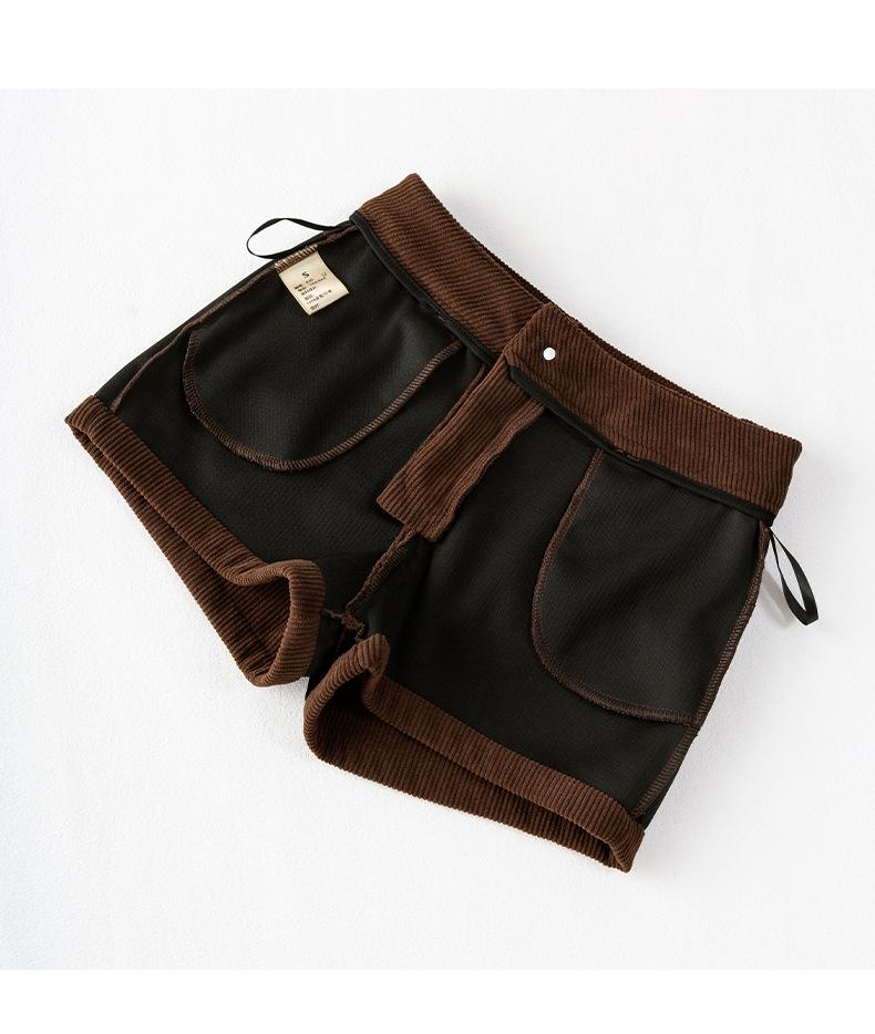 Unisex Spring Khaki Corduroy High-Waist Wide-Leg Shorts - Slimming Coffee Color, Single Button Closure