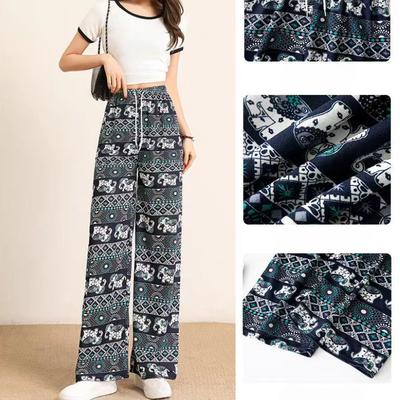 Women Fashion Ultra Thin Summer Wide Leg Pants Printing Ice Silk Trousers Elastic Waist Loose Casual Pants