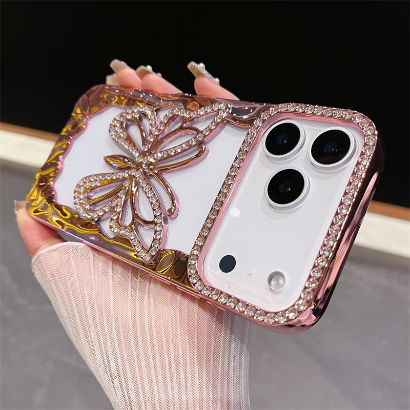Luxusní pozlacený třpytivý diamantový dutý motýlí kryt na telefon pro IPhone 17 Air 16 15 14 Plus 13 12 11 Pro Max Nárazuvzdorný TPU kryt