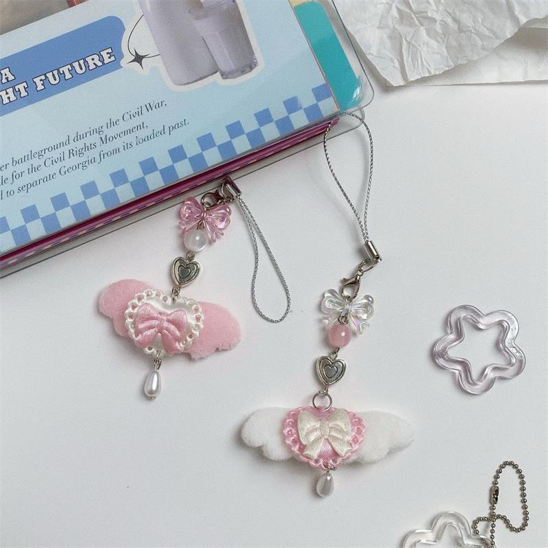 Niedliche Süße Engelsflügel Schleife Handy-Lanyard-Umhängeband Schlüsselanhänger Anhänger Anti-Verloren Handykette Taschenanhänger Mädchenhafter Handy-Anhänger Geschenke