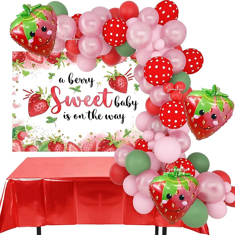 Soonlyn All-In-1 Strawberry Baby Shower Decorations with Strawberry Balloon Arch Kit 11Ft Strawberry Backdrop Tablecloth for a Berry Sweet Baby is on Red Strawberry