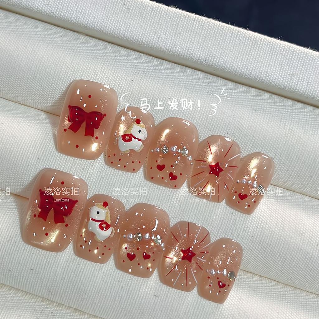 Press On Nails Artificial Acrylic Nails Glossy False Nails Full Cover Stick On Nails Square Fake Nails with Glitter Design Glue On Nails for Women