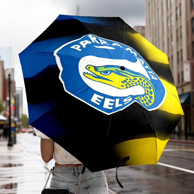 Parramatta Eels Team Crest Automatic Folding Umbrella - 8-Rib Travel Umbrella with Auto Portable Case, Ideal Gift for Birthdays