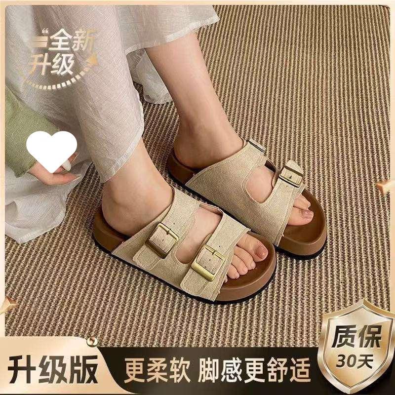 Retro thick-soled heightening one-word slippers women's summer 2025 new wear simple non-slip soft-soled Birkencool slippers