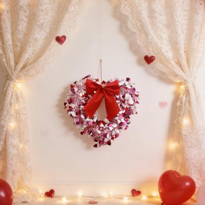 Tinsel Heart Shaped Wreath with Bow for Front Door Valentine's Day Red Pink Heart Wreath for Wedding Party Anniversary Wall Decor